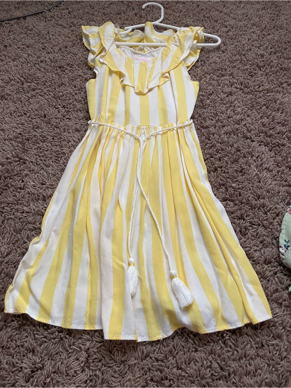 Youngland Yellow and White Striped Ruffle Dress with Tassel Belt